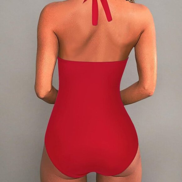Women Sexy Tummy Control Halter Push Up One Piece Swimsuit in Red, Size Large - Picture 7 of 7